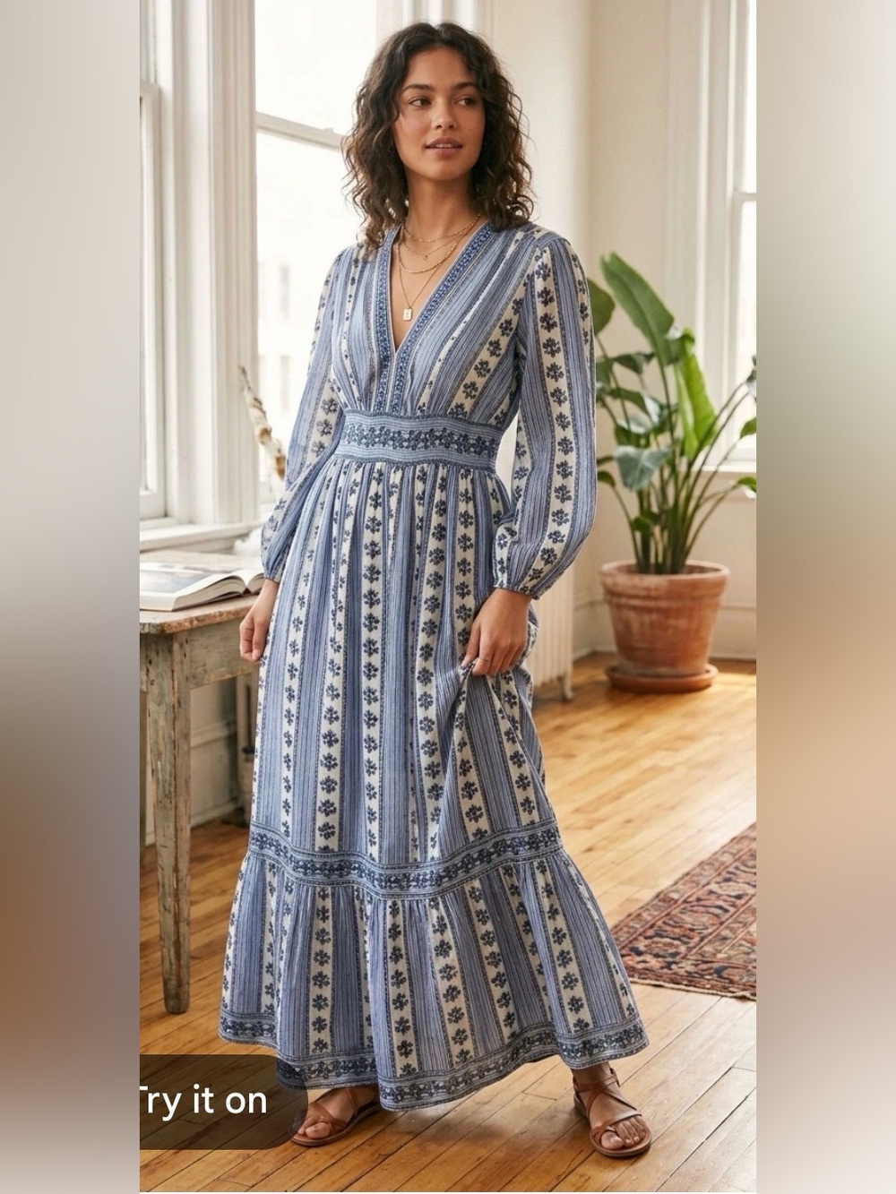 Max Studio Elegant Blue Floral Stripe Maxi Dress Sz XL B139